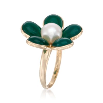 Green Agate and Pearl Flower Ring in 14kt Yellow Gold &mdash; Alt Image 3