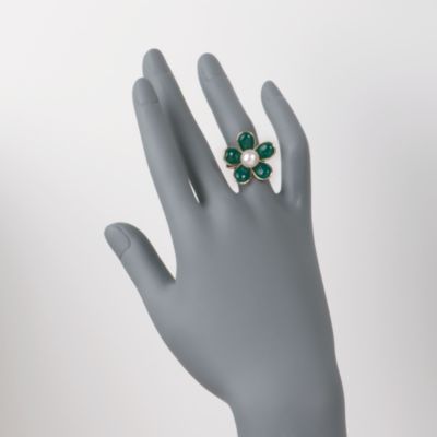 Green Agate and Pearl Flower Ring in 14kt Yellow Gold &mdash; Alt Image 2