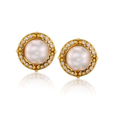 C. 1980 Vintage 16mm Mabe Pearl and 1.00 ct. t.w. Diamond Earrings in 14kt Yellow Gold &mdash; Alt Image 1