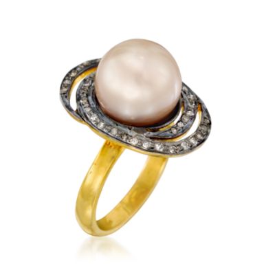 11-12mm Champagne Cultured South Sea Pearl and .45 ct. t.w. Diamond Ring in Two-Tone &mdash; Alt Image 3