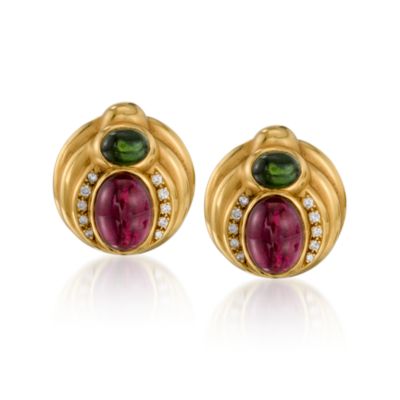 C. 1980 Vintage 27.50 ct. t.w. Tourmaline and .75 ct. t.w. Diamond Earrings In 18kt Yellow Gold &mdash; Alt Image 1