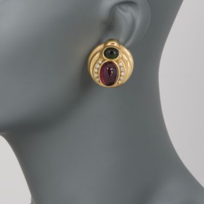 C. 1980 Vintage 27.50 ct. t.w. Tourmaline and .75 ct. t.w. Diamond Earrings In 18kt Yellow Gold &mdash; Alt Image 2