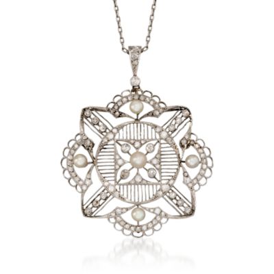 C. 1915 Vintage Cultured Pearl and .90 ct. t.w. Diamond Pendant Necklace in Two-Tone. 18" &mdash; Alt Image 1