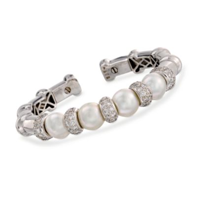 C. 1990 Vintage 11mm Cultured South Sea Pearl and 3.40 ct. t.w. Diamond Bangle Bracelet In 18kt White Gold. 6.5" &mdash; Alt Image 1