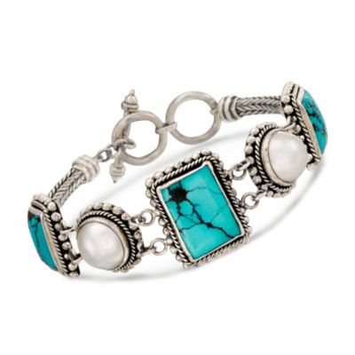 Turquoise and Pearl Toggle Bracelet In Sterling Silver. 7" &mdash; Alt Image 1