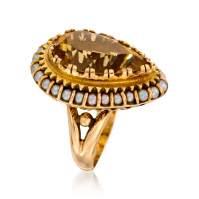 C. 1950 Vintage 12.50 Carat Citrine Ring With 2.5mm Cultured Pearls In 14kt Yellow Gold. Size 7 &mdash; Alt Image 3