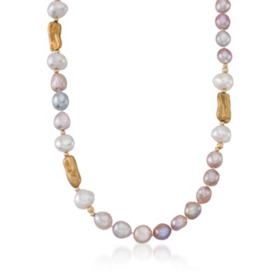 Long Pink and White Baroque  Pearl Necklace in 14kt Yellow Gold. 36" &mdash; Alt Image 1