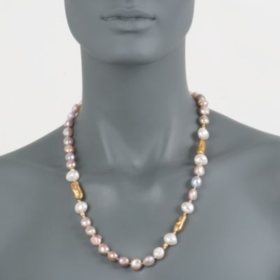 Long Pink and White Baroque  Pearl Necklace in 14kt Yellow Gold. 36" &mdash; Alt Image 2
