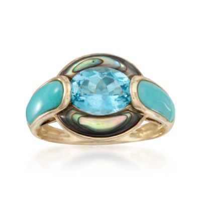 1.90 Carat Blue Topaz Ring With Turquoise and Mother-Of-Pearl in 14kt Yellow Gold. Size 5 &mdash; Alt Image 1