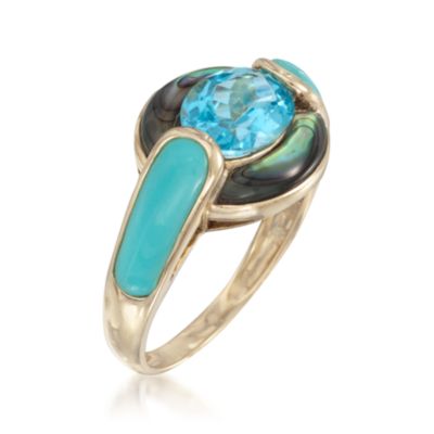 1.90 Carat Blue Topaz Ring With Turquoise and Mother-Of-Pearl in 14kt Yellow Gold. Size 5 &mdash; Alt Image 3