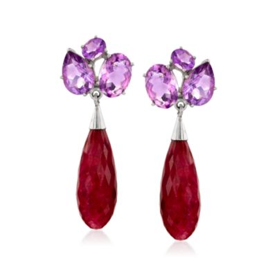 90.00 ct. t.w. Ruby Teardrop Earrings With 22.00 ct. t.w. Amethyst In Sterling Silver &mdash; Alt Image 1