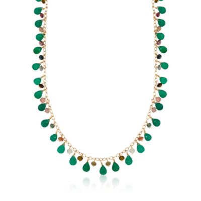 Green Onyx and Multicolored Tourmaline Bead Necklace In 14kt Yellow Gold. 17" &mdash; Alt Image 1