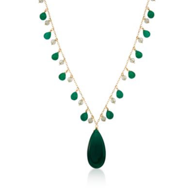 Green Amethyst and Chalcedony Bead Necklace With Green Onyx  In 14kt Yellow Gold. 17" &mdash; Alt Image 1