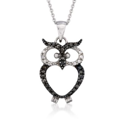 Black and White CZ Owl Pendant Necklace in Sterling Silver. 18" &mdash; Alt Image 1