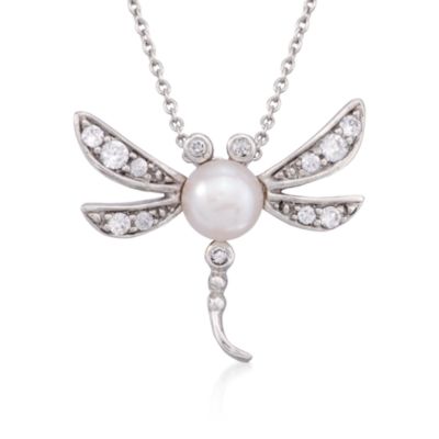 6mm Cultured Pearl and .30 ct. t.w. CZ Dragonfly Pendant Necklace in Sterling Silver. 18" &mdash; Alt Image 1