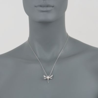 6mm Cultured Pearl and .30 ct. t.w. CZ Dragonfly Pendant Necklace in Sterling Silver. 18" &mdash; Alt Image 2