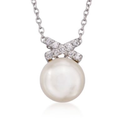 9mm Cultured Pearl and .10 ct. t.w. CZ Pendant Necklace in Sterling Silver. 18" &mdash; Alt Image 1