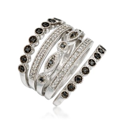 .30 ct. t.w. Black and White Diamond Set of Five Stacking Rings In Sterling Silver &mdash; Alt Image 3