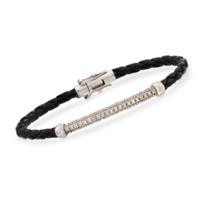 Braided Black Leather and .20 ct. t.w. Diamond Bar Bracelet &mdash; Alt Image 1