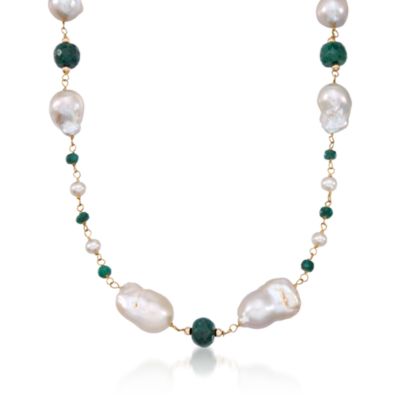 5-13mm Cultured Baroque Pearl and 47.00 ct. t.w. Emerald Bead Necklace in 14kt Yellow Gold. 36" &mdash; Alt Image 1