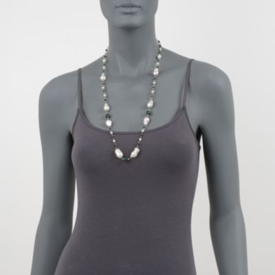 5-13mm Cultured Baroque Pearl and 47.00 ct. t.w. Emerald Bead Necklace in 14kt Yellow Gold. 36" &mdash; Alt Image 2