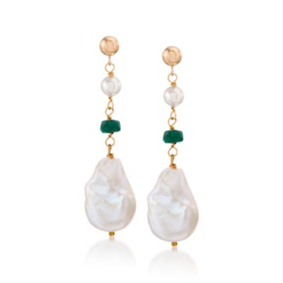 5-13mm Cultured Baroque Pearl and 1.30 ct. t.w. Emerald Bead Drop Earrings in 14kt Yellow Gold &mdash; Alt Image 1