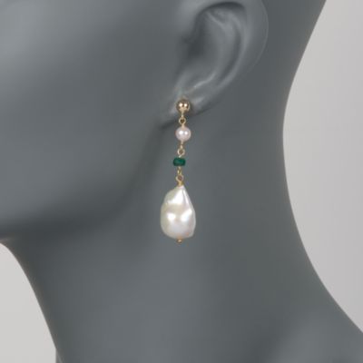 5-13mm Cultured Baroque Pearl and 1.30 ct. t.w. Emerald Bead Drop Earrings in 14kt Yellow Gold &mdash; Alt Image 2