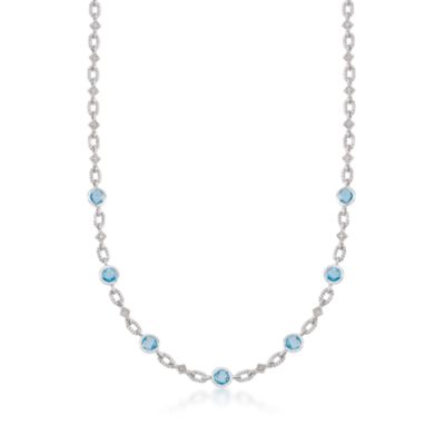 3.10 ct. t.w. Blue Topaz and .10 ct. t.w. Diamond Station Necklace In Sterling Silver &mdash; Alt Image 1