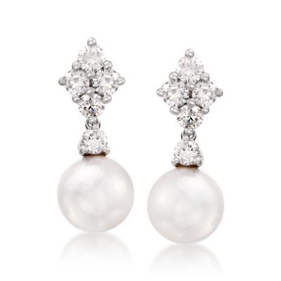 Mikimoto 7.5mm Akoya Pearl and .70 ct. t.w. Diamond Drop Earrings in 18kt White Gold &mdash; Alt Image 1