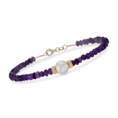 Amethyst Rondelle and 8.5-9mm Cultured Pearl Bracelet In 14kt Yellow Gold. 7.25" &mdash; Alt Image 1