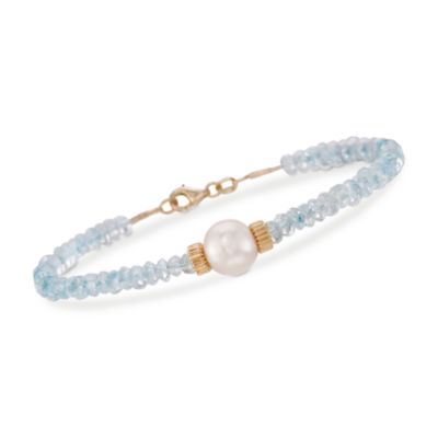 Blue Topaz Bead and 8.5-9mm Cultured Pearl Bracelet in 14kt Yellow Gold. 7.25" &mdash; Alt Image 1