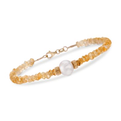Citrine Bead and 8.5-9mm Cultured Pearl Bracelet In 14kt Yellow Gold. 7.25" &mdash; Alt Image 1