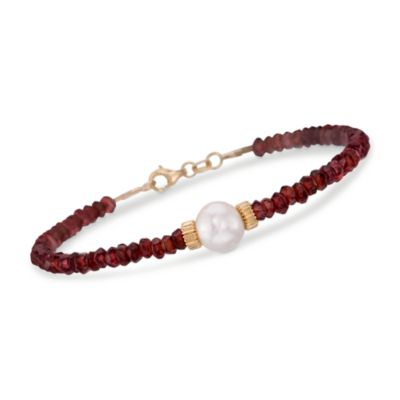 Garnet Bead and 8.5-9mm Cultured Pearl Bracelet in 14kt Yellow Gold. 7.25" &mdash; Alt Image 1