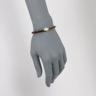Garnet Bead and 8.5-9mm Cultured Pearl Bracelet in 14kt Yellow Gold. 7.25" &mdash; Alt Image 2