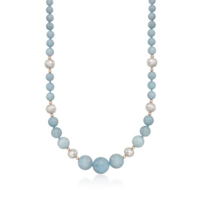 Milky Aquamarine and Pearl Graduated Necklace in 14kt Yellow Gold &mdash; Alt Image 1