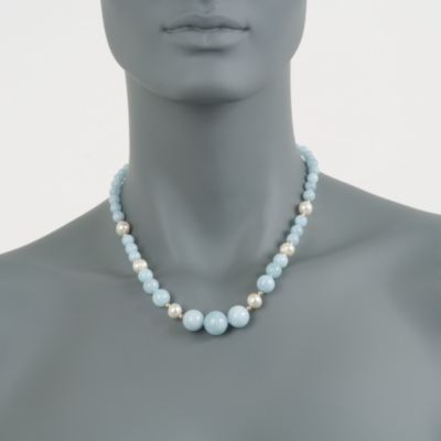 Milky Aquamarine and Pearl Graduated Necklace in 14kt Yellow Gold &mdash; Alt Image 2