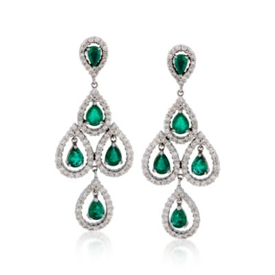 3.30 ct. t.w. Emerald and 1.90 ct. t.w. Diamond Chandelier Earrings in 14kt White Gold &mdash; Alt Image 1