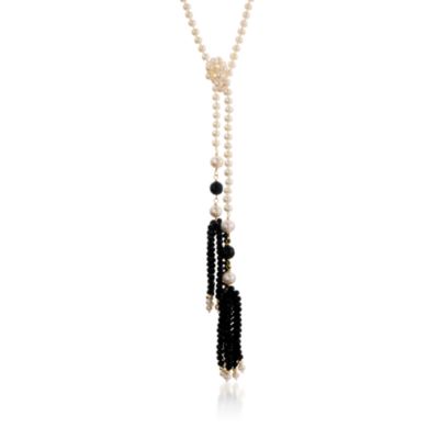 Pearl Lariat Necklace With Black Onyx Tassels in 14kt Yellow Gold &mdash; Alt Image 1