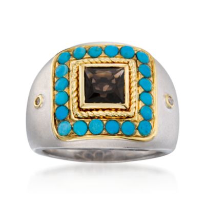 .85 Carat Smoky Quartz and Turquoise Block Ring in Two-Tone. Size 7 &mdash; Alt Image 1