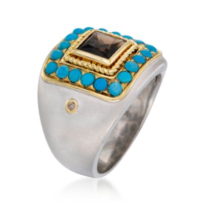 .85 Carat Smoky Quartz and Turquoise Block Ring in Two-Tone. Size 7 &mdash; Alt Image 3