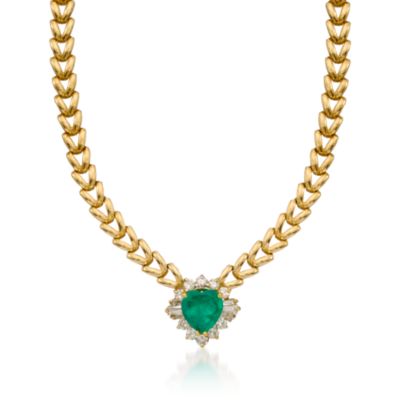 C.1980 Vintage 2.35 Carat Heart-Shaped Emerald and .90 ct. t.w. Diamond Necklace In 14kt Yellow Gold. 17" &mdash; Alt Image 1