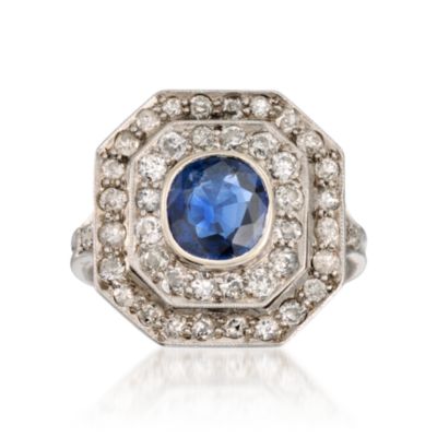 C. 1950. Vintage 1.70 Carat Sapphire and 1.30 ct. t.w. Diamond Cocktail Ring in Platinum. Size 7.25 &mdash; Alt Image 1
