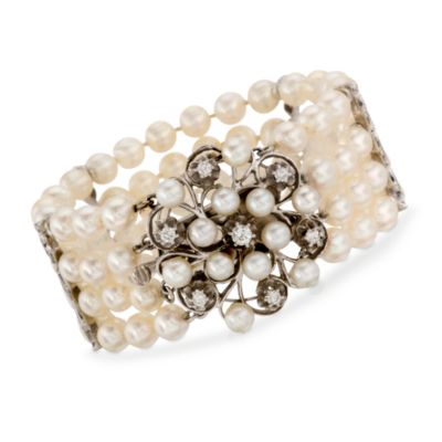 C. 1950. Vintage 5-6mm Cultured Pearl and .90 ct. t.w. Diamond Bracelet in 14kt White Gold. 6.5" &mdash; Alt Image 1