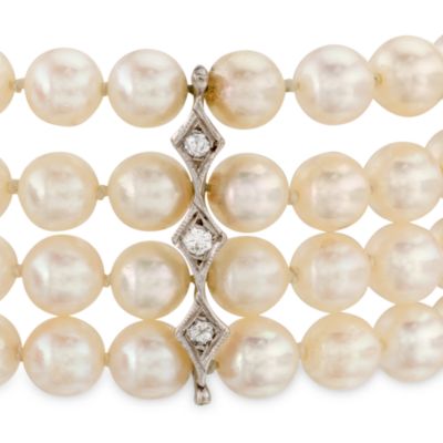 C. 1950. Vintage 5-6mm Cultured Pearl and .90 ct. t.w. Diamond Bracelet in 14kt White Gold. 6.5" &mdash; Alt Image 2