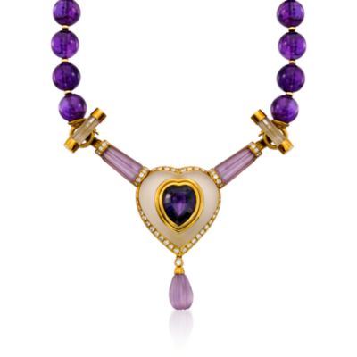 C. 1960. Vintage 186.35 ct. t.w. Amethyst and 1.75 ct. t.w. Diamond Heart Necklace In 18kt Yellow Gold. 16" &mdash; Alt Image 2