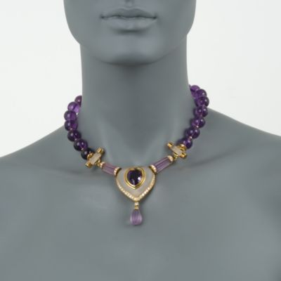 C. 1960. Vintage 186.35 ct. t.w. Amethyst and 1.75 ct. t.w. Diamond Heart Necklace In 18kt Yellow Gold. 16" &mdash; Alt Image 1