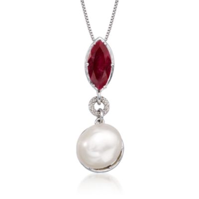 2.20 Carat Ruby and 10-12mm Cultured Pearl Drop Necklace In Sterling Silver &mdash; Alt Image 1