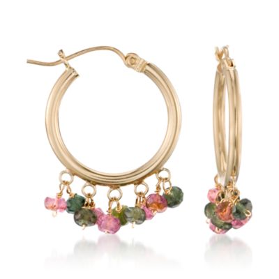 2.50 ct. t.w. Pink and Green Tourmaline Hoop Earrings In 14kt Yellow Gold &mdash; Alt Image 1