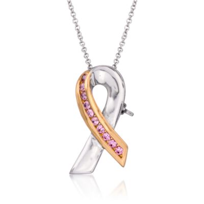 .30 ct. t.w. Pink CZ Breast Cancer Ribbon Pin/Pendant Necklace in Two-Tone. 18" &mdash; Alt Image 1