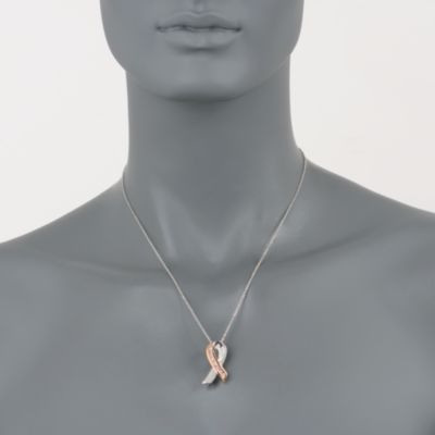 .30 ct. t.w. Pink CZ Breast Cancer Ribbon Pin/Pendant Necklace in Two-Tone. 18" &mdash; Alt Image 2
